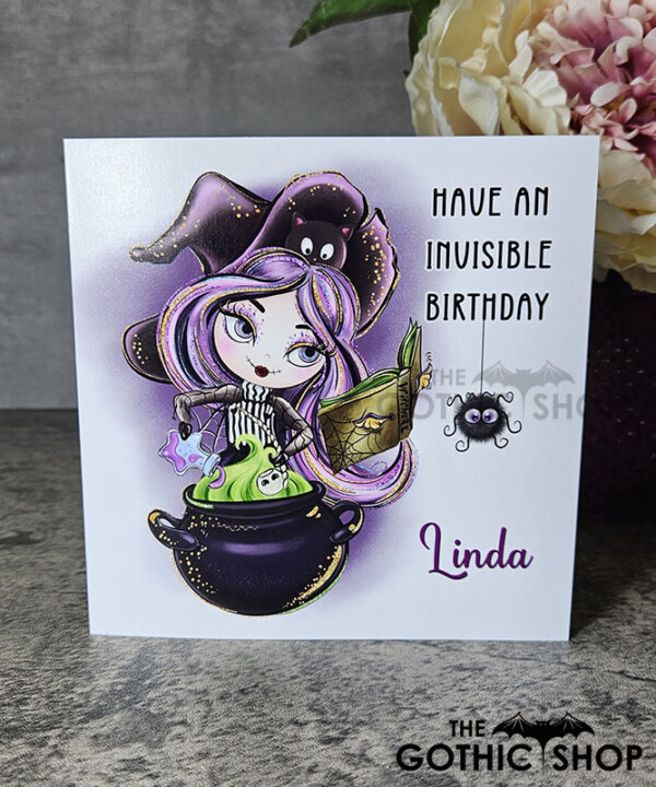 Personalised Whimsical Witch & Cauldron Birthday Halloween Greetings Card