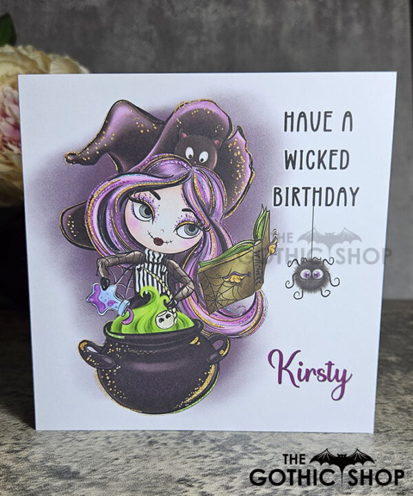 Personalised Whimsical Witch & Cauldron Birthday Halloween Greetings Card