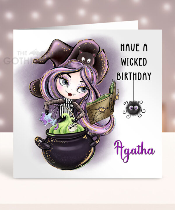 Personalised Whimsical Witch & Cauldron Birthday Halloween Greetings Card