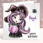 Personalised Whimsical Witch & Pumpkin Birthday Halloween Greetings Card