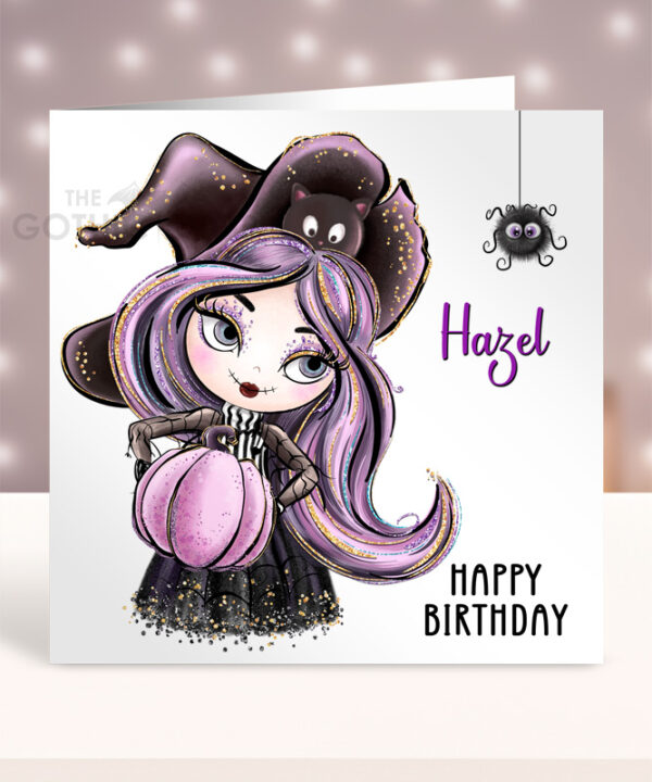 Personalised Whimsical Witch & Pumpkin Birthday Halloween Greetings Card