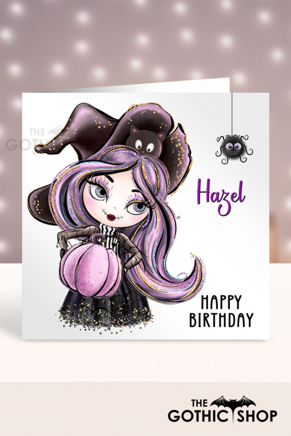 Personalised Whimsical Witch & Pumpkin Birthday Halloween Greetings Card