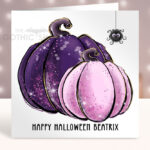 Personalised Whimsical Purple & Pink Pumpkins Halloween Greetings Card