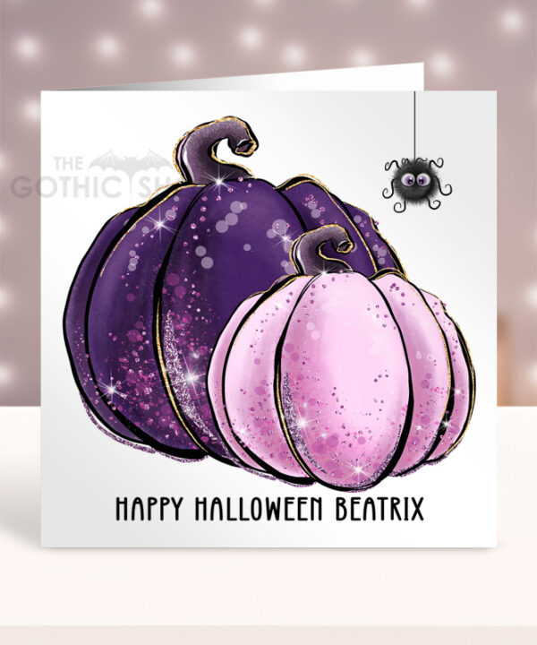 Personalised Whimsical Purple & Pink Pumpkins Halloween Greetings Card