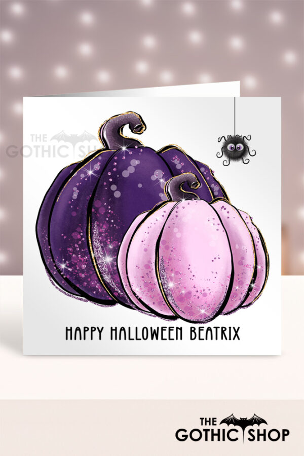 Personalised Whimsical Purple & Pink Pumpkins Halloween Greetings Card