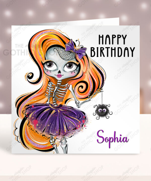 Personalised Cute Sugarskull Skeleton Girl Birthday Halloween Greetings Card