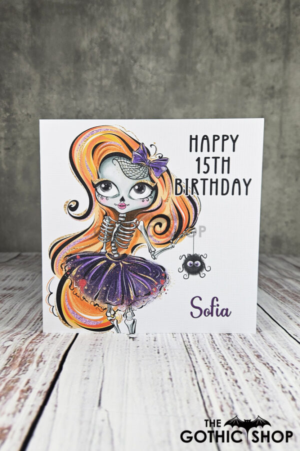 Personalised Cute Sugarskull Skeleton Girl Birthday Halloween Greetings Card