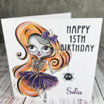 Personalised Cute Sugarskull Skeleton Girl Birthday Halloween Greetings Card
