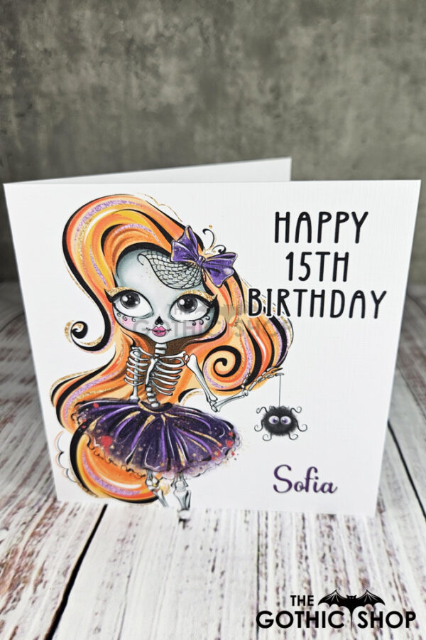 Personalised Cute Sugarskull Skeleton Girl Birthday Halloween Greetings Card