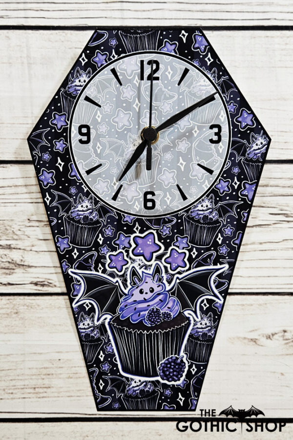 Purple Berry Bat Cupcake Coffin Shaped LARGE Metal Gothic Clock