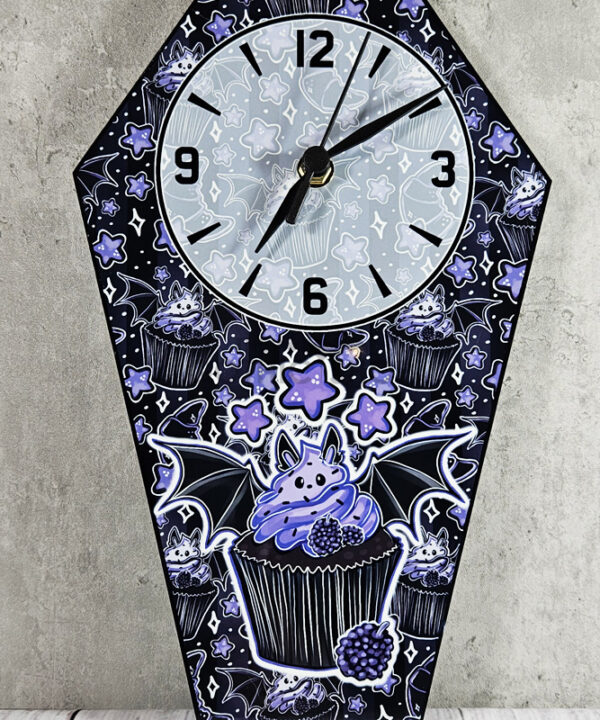 Purple Berry Bat Cupcake Coffin Shaped LARGE Metal Gothic Clock