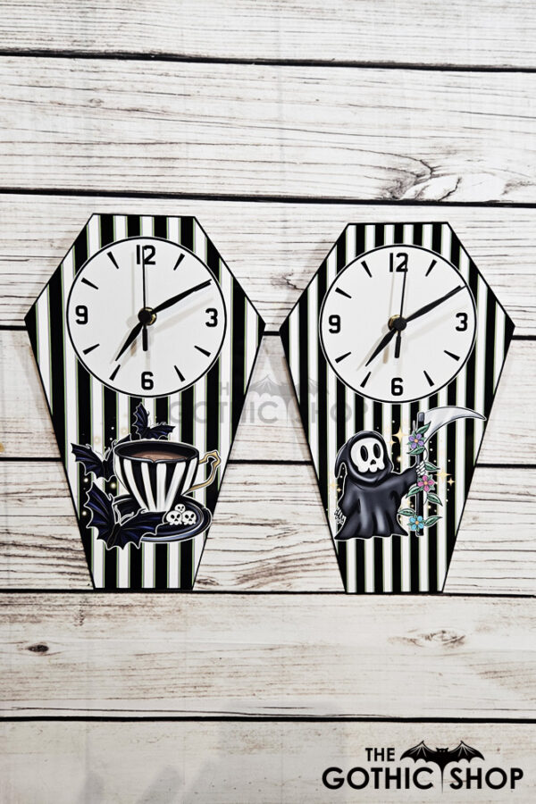 Gothic Tea Party & Butterflies Coffin Shaped Metal Gothic Clocks