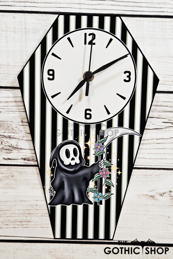 Spring Grim Reaper Coffin Shaped LARGE Metal Gothic Clock