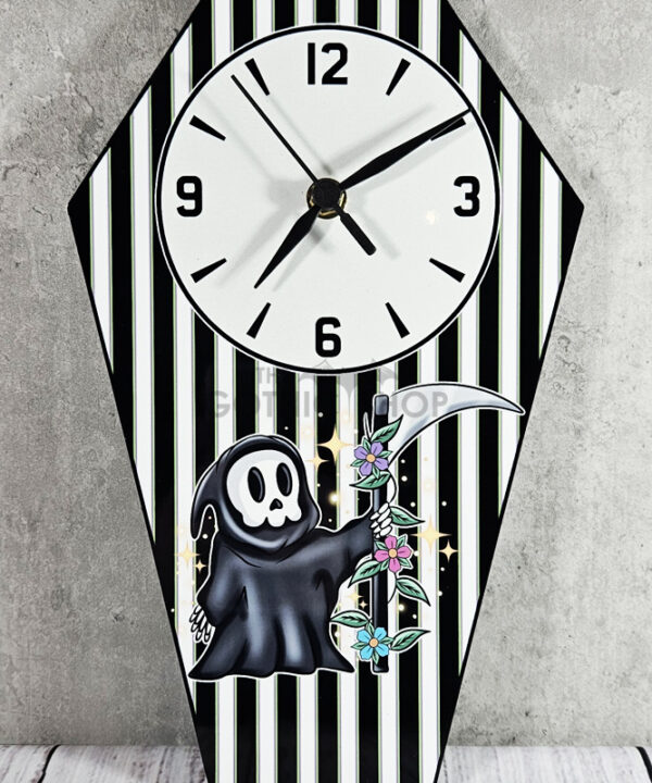 Spring Grim Reaper Coffin Shaped LARGE Metal Gothic Clock