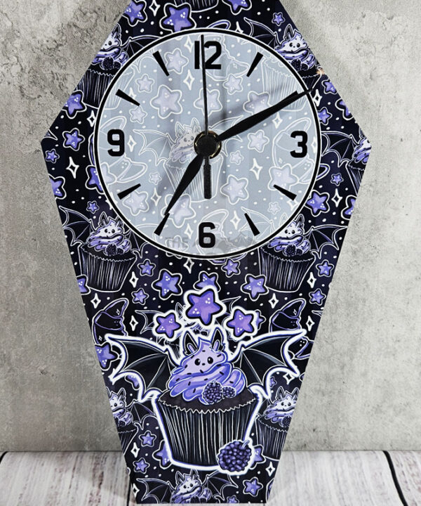 Purple Berry Bat Cupcake Coffin Shaped MEDIUM Metal Gothic Clock