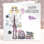 Personalised Gothic Scientist Girl Birthday Halloween Greetings Card