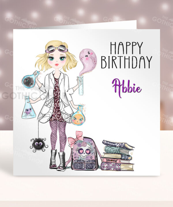 Personalised Gothic Scientist Girl Birthday Halloween Greetings Card
