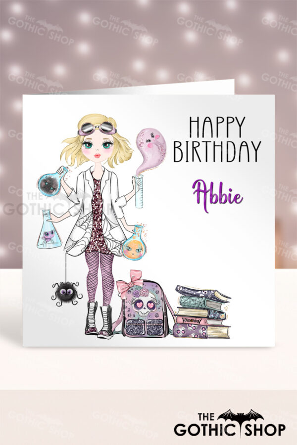 Personalised Gothic Scientist Girl Birthday Halloween Greetings Card