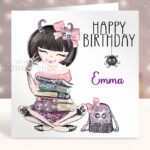 Personalised Sugarskull Girl with Books Gothic Birthday Halloween Greetings Card