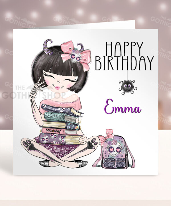 Personalised Sugarskull Girl with Books Gothic Birthday Halloween Greetings Card