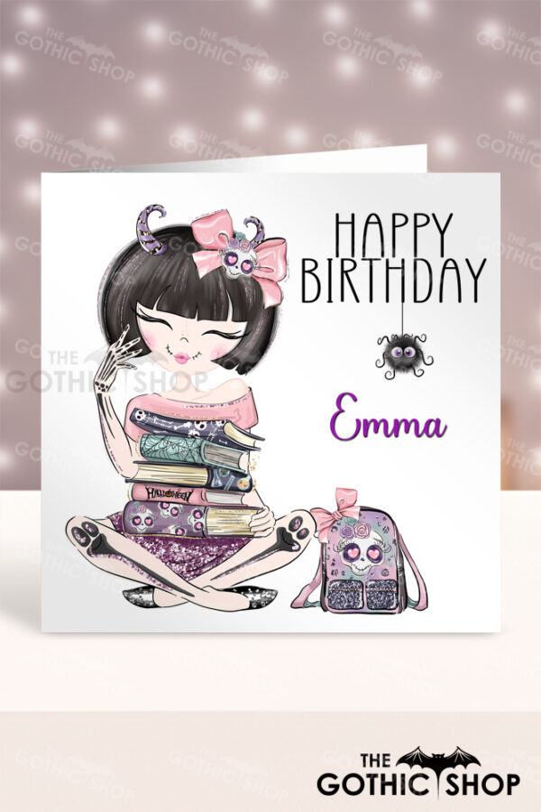 Personalised Sugarskull Girl with Books Gothic Birthday Halloween Greetings Card