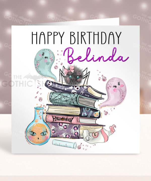 Personalised Spooky Books Gothic Birthday Halloween Greetings Card
