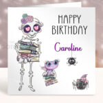 Personalised Sugarskull Skeleton with Books Gothic Birthday Halloween Greetings Card