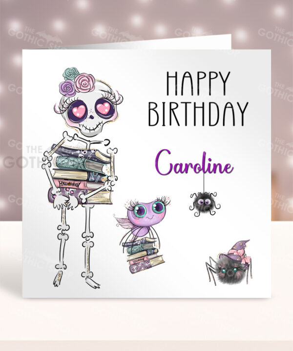 Personalised Sugarskull Skeleton with Books Gothic Birthday Halloween Greetings Card