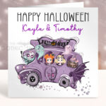 Personalised Purple Spooky Bus Gothic Halloween Greetings Card