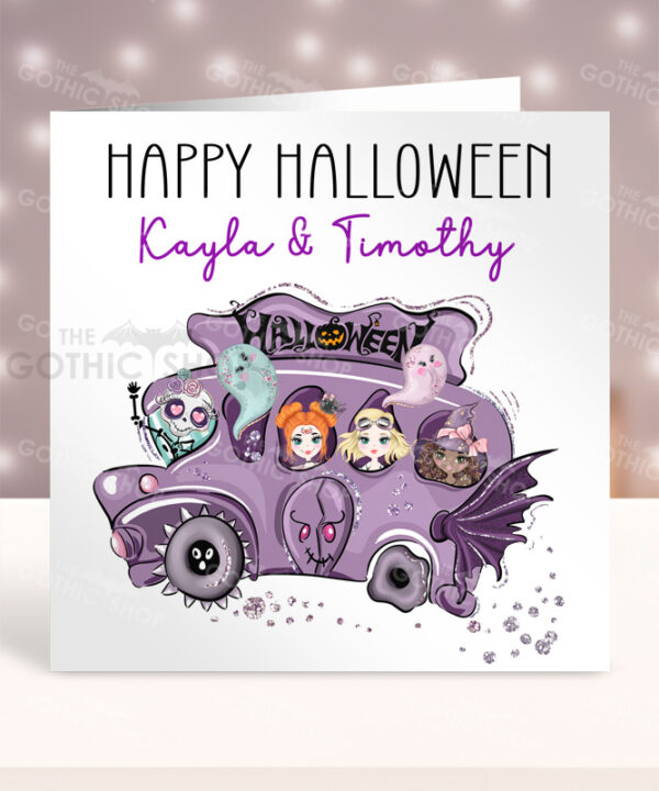 Personalised Purple Spooky Bus Gothic Halloween Greetings Card
