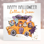 Personalised Orange Spooky Bus Gothic Halloween Greetings Card