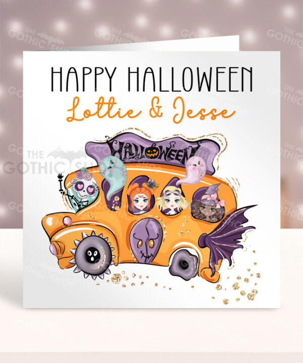 Personalised Orange Spooky Bus Gothic Halloween Greetings Card