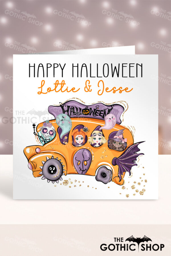 Personalised Orange Spooky Bus Gothic Halloween Greetings Card