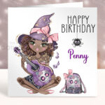 Personalised Musical Witchy Sugarskull Girl Gothic Birthday Halloween Greetings Card