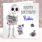 Personalised Skeleton with Books Birthday Gothic Halloween Greetings Card