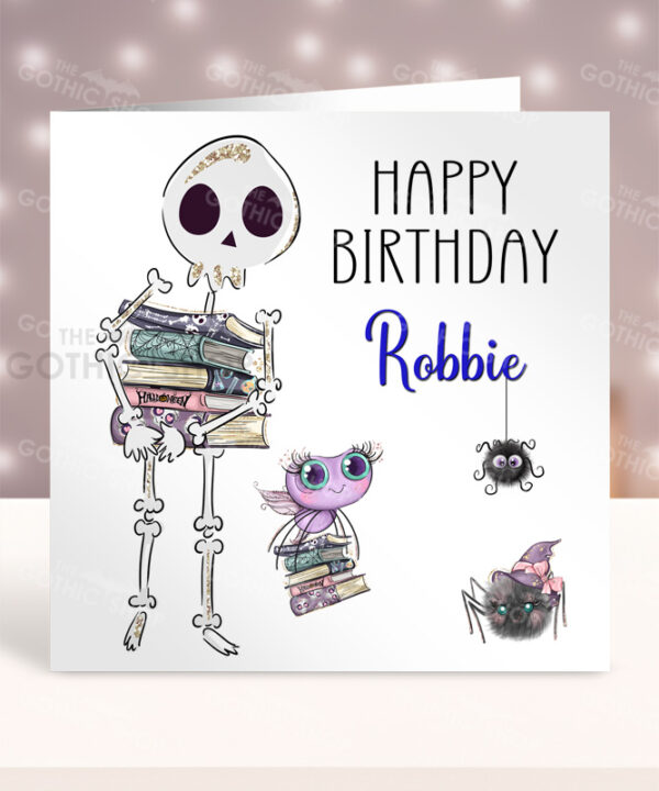 Personalised Skeleton with Books Birthday Gothic Halloween Greetings Card
