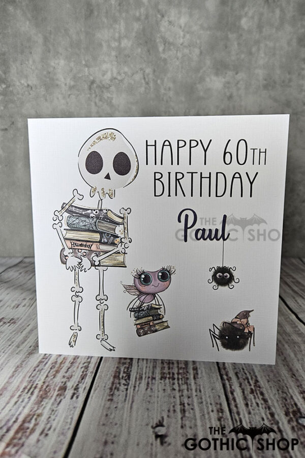 Personalised Skeleton with Books Birthday Gothic Halloween Greetings Card