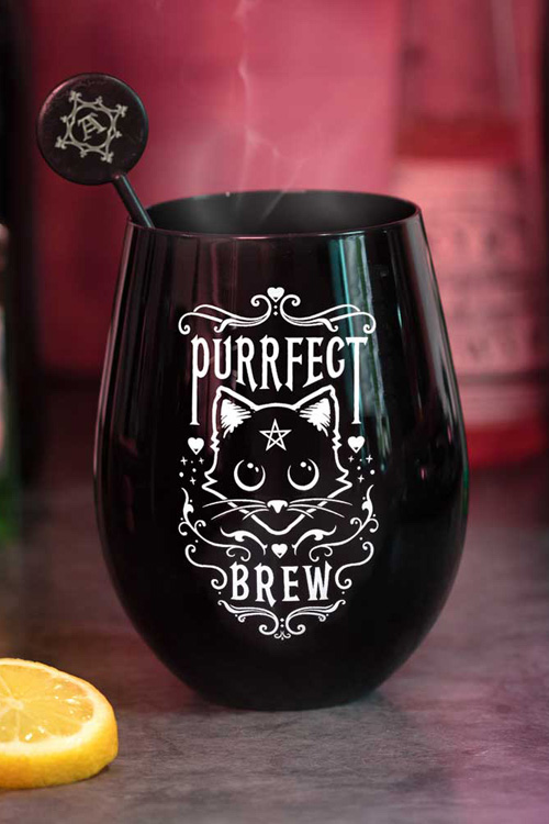 Purrfect Brew Cat Stemless Black Glass by Alchemy Gothic