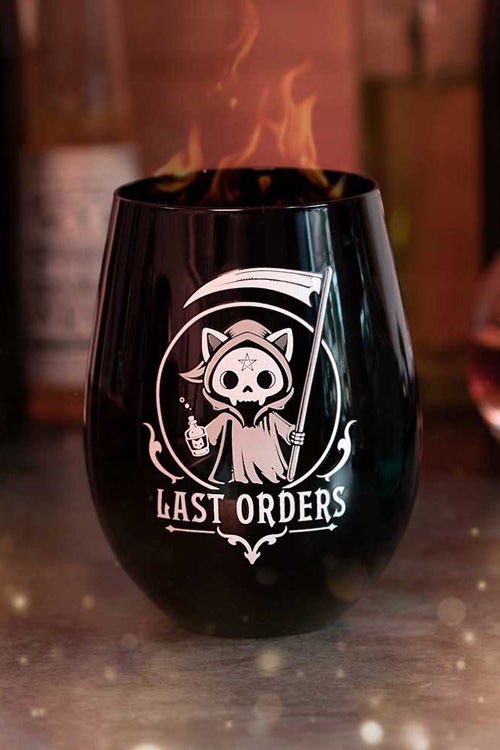 Last Orders Grim Reaper Cat Stemless Black Glass by Alchemy Gothic
