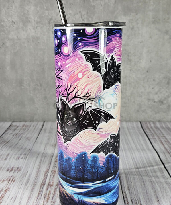 Cosmic Bat Trio Pink Sky Gothic Print Tumbler