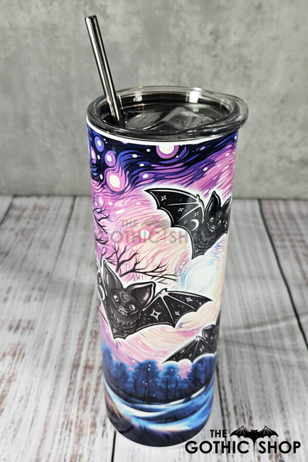 Cosmic Bat Trio Pink Sky Gothic Print Tumbler