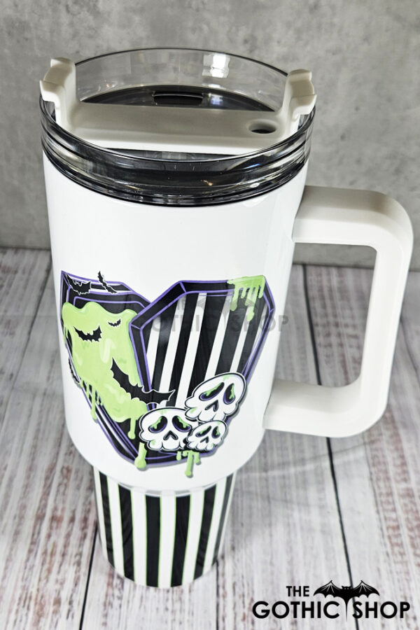 Beetle Juice Green Slime Stripe Coffin Gothic Print Large 40oz Tumbler