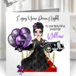 personalised gothic prom girl in black lace dress greetings card