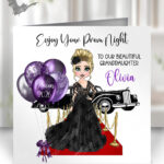 personalised gothic prom girl in black lace dress greetings card