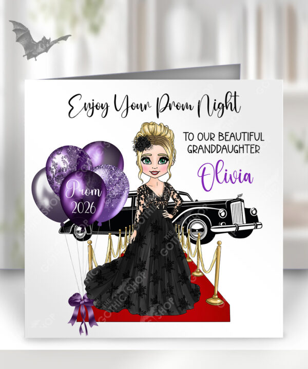 personalised gothic prom girl in black lace dress greetings card