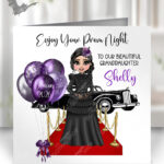 personalised gothic victorian prom girl in black lace dress greetings card