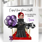 personalised gothic victorian prom girl in black lace dress greetings card