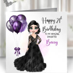 personalised gothic lady in black lace dress & balloons birthday card