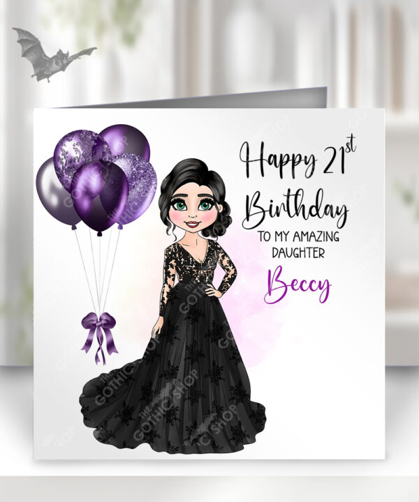 personalised gothic lady in black lace dress & balloons birthday card