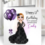 personalised gothic lady in black lace dress & balloons birthday card
